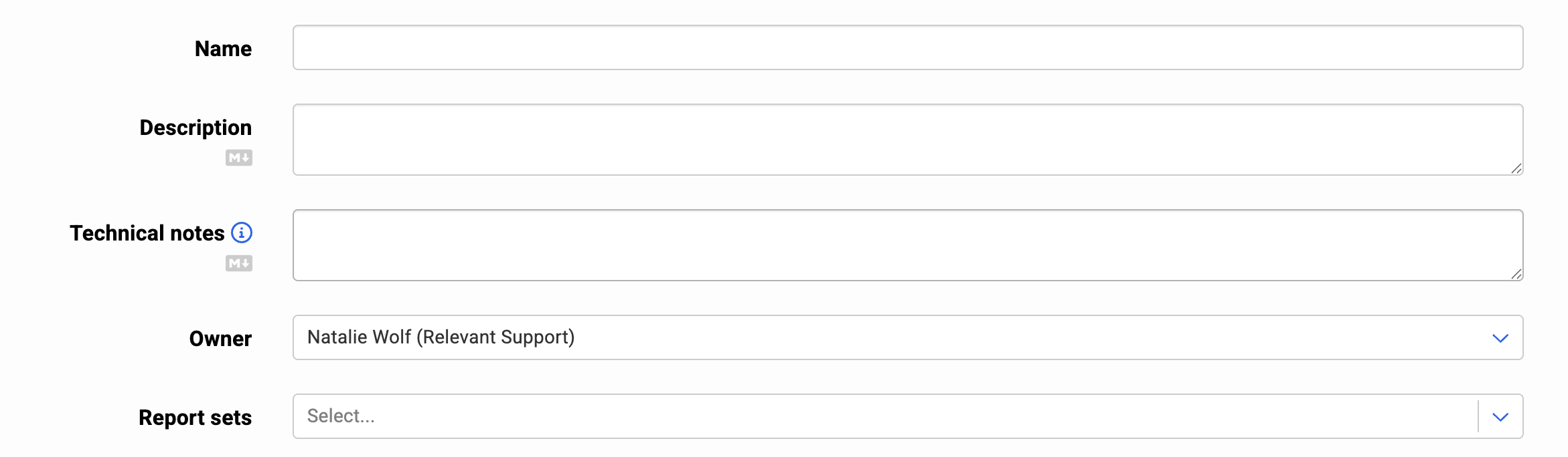 a form with name, description, technical details, owner, and report sets as input fields