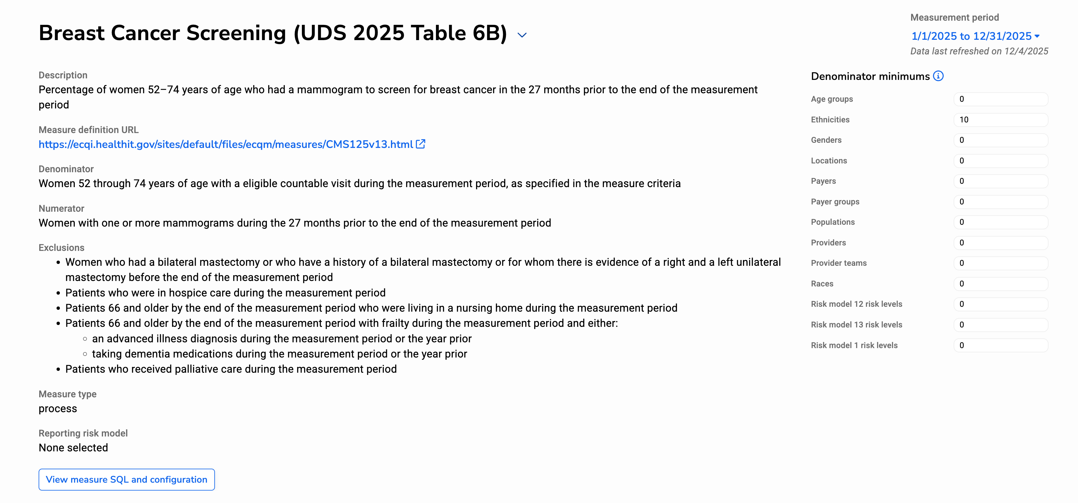 Expanded measure details showing measure definitions and the denominator minimum setting used to control how results are displayed.