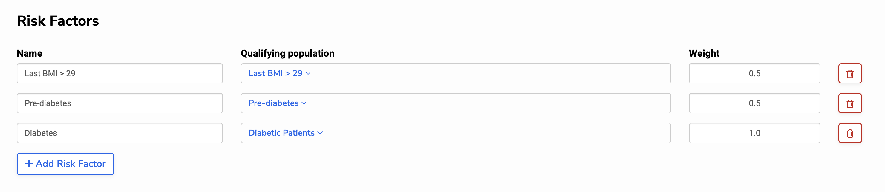 Risk factor configuration view showing how qualifying criteria and weights are defined